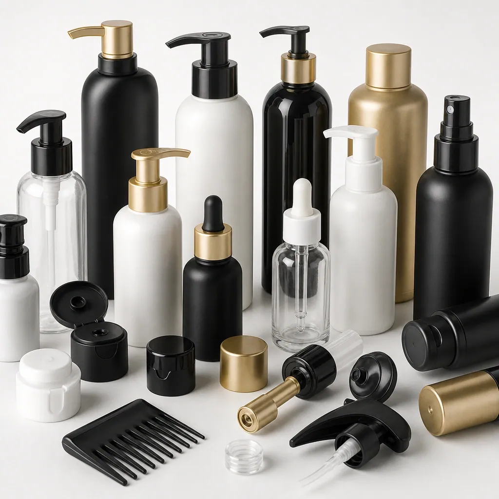 Pumps, caps and applicator components