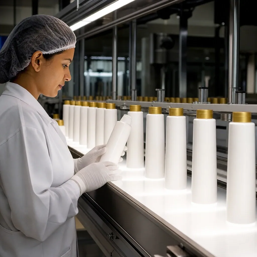 Filled hair care products under inspection